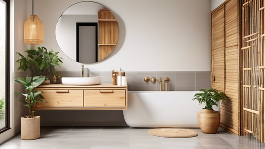 **DALL-E Prompt:**
A serene and modern bathroom with sustainable bamboo cabinets. The cabinets are sleek and minimalist, with a warm, natural wood tone. The walls are a soft white, and the floor is a