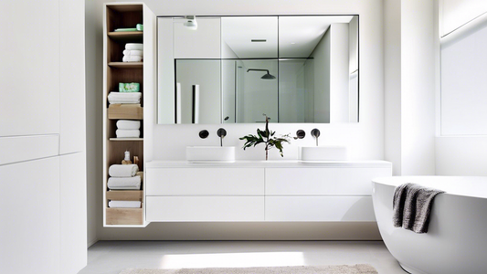 **Bathroom Cabinet Ideas: Unlocking Style and Storage**
A modern bathroom with sleek, minimalist white cabinetry that seamlessly blends with the white walls. The vanity has two drawers and a single d