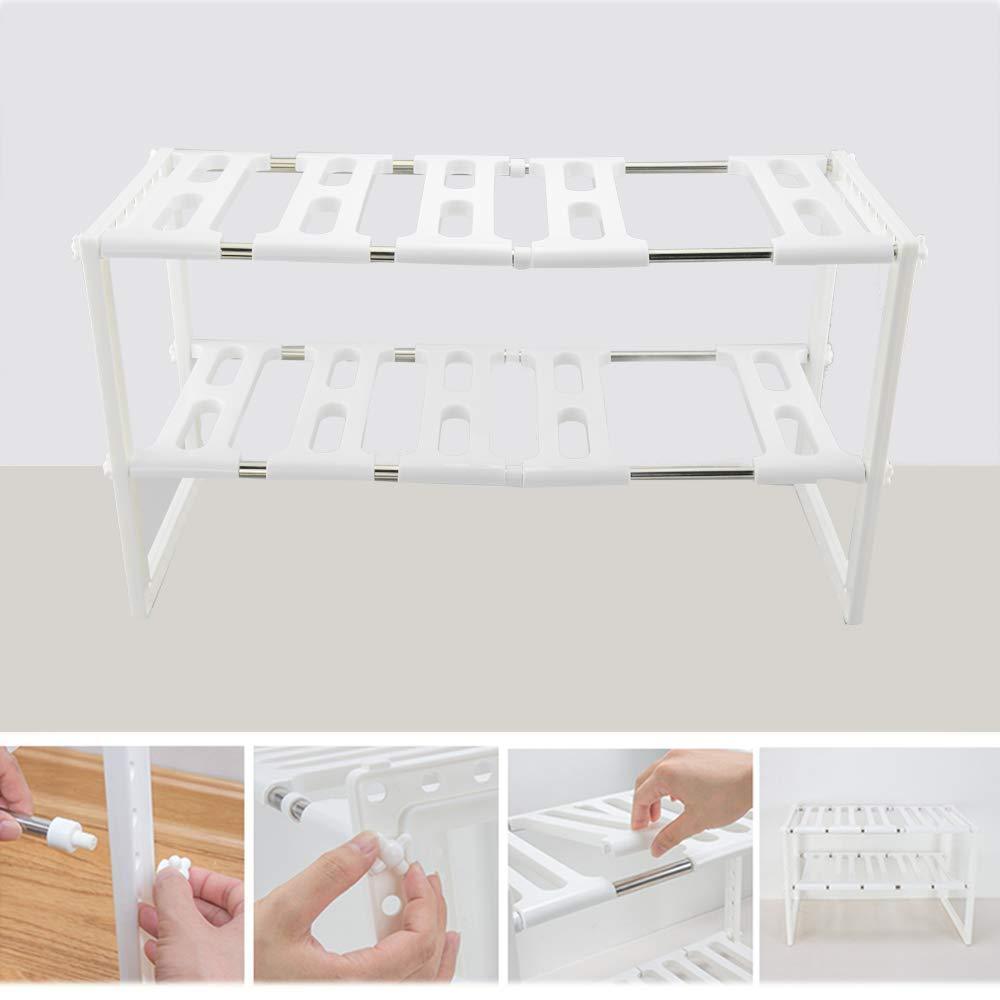 2 Tier Kitchen Shelf Organizers Rack, Meoket Classic Korean-style Adjustable Bathroom Cabinet Shelf Organizer Stainless Steel Storage Rack Expandable Under Sink Organizer White, US STOCK