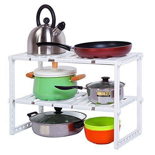 YOMYM Under Sink Organizer 2 Tier Expandable Adjustable Shelf with Removable Panels Kitchen Cabinet Storage Organizer, White