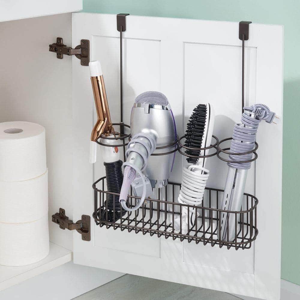 Products mdesign over door bathroom hair care styling tool organizer storage basket for hair dryer flat iron curling wand hair straighteners brushes hang inside or outside cabinet doors bronze
