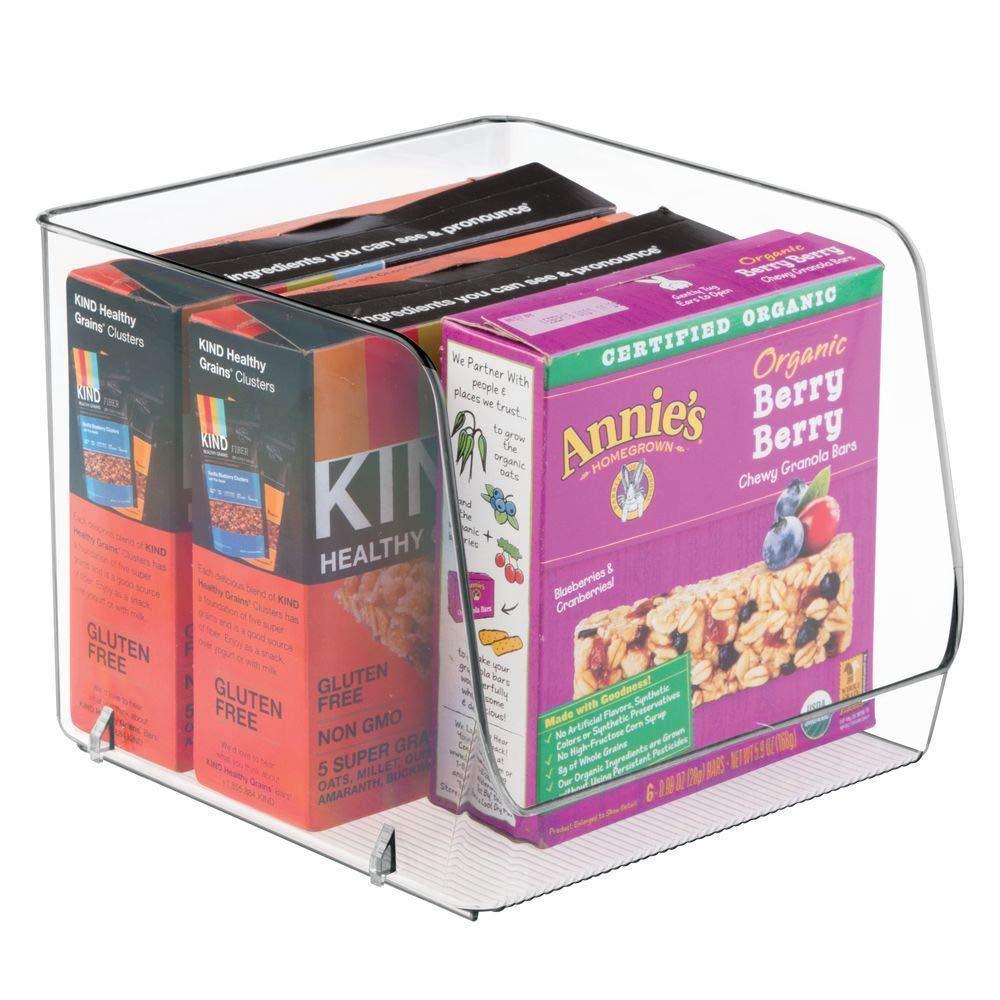 Heavy duty mdesign large household stackable plastic food storage organizer bin basket with wide open front for kitchen cabinets pantry offices closets bedrooms bathrooms cube 7 75 wide 4 pack clear
