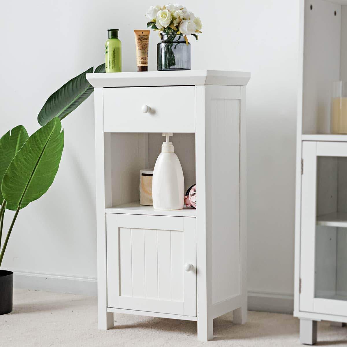 Featured tangkula bathroom floor storage cabinet wooden storage cabinet for home office living room bathroom one drawer cupboard organize freestanding cabinet white