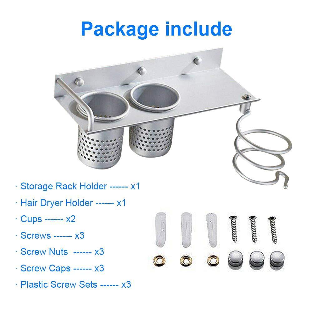 Best seller hair dryer holder wall mount toothbrush hairdryer holder organizer storage handing rack upgrade special aluminum bathroom hanging rack organizer with 2 cups