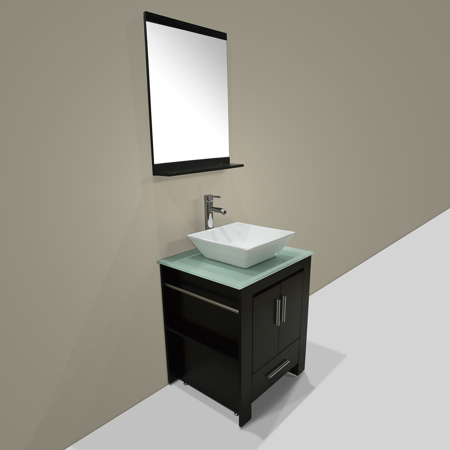 Best seller walcut 24 inch bathroom vanity and sink combo modern black mdf cabinet ceramic vessel sink with faucet and pop up drain mirror tempered glass counter top