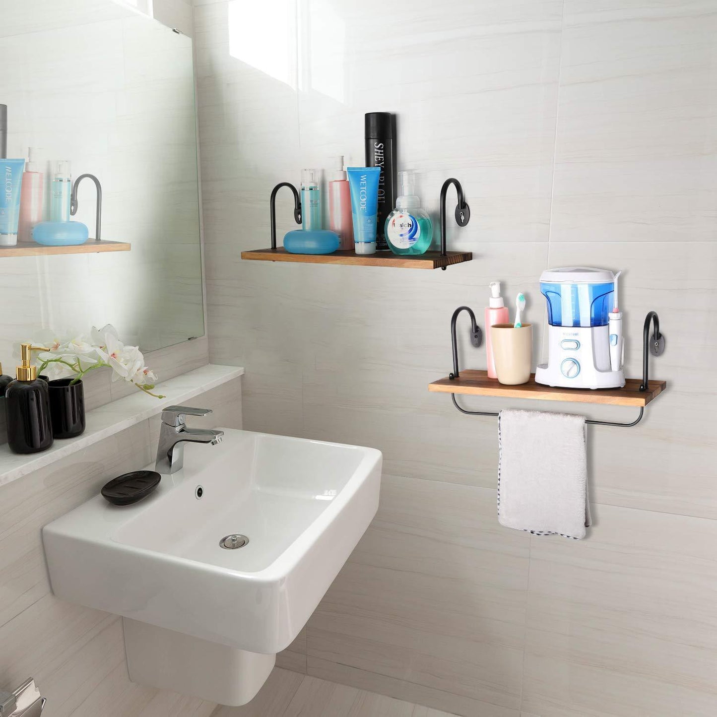 Best seller o kis wall floating shelves for kitchen bathroom coffee nook with 10 adjustable hooks for mugs cooking utensils or towel rustic storage shelves set of 2