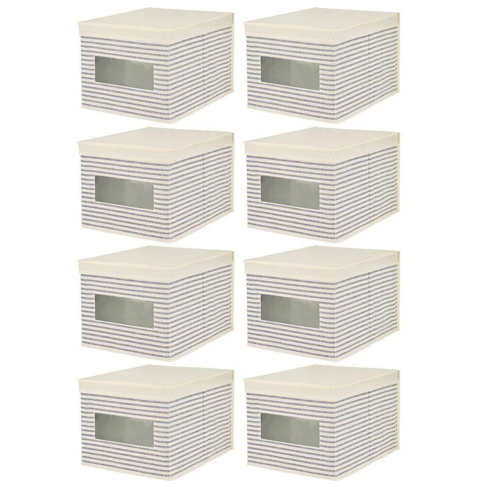 Featured mdesign soft fabric stackable closet storage organizer holder box with clear window attached hinged lid bedroom hallway entryway closet bathroom stripe print large 8 pack natural cobalt blue