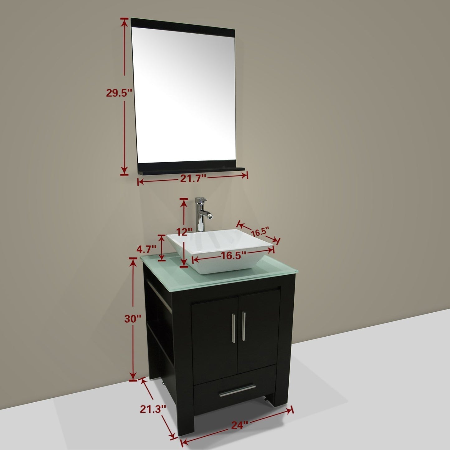 Budget walcut 24 inch bathroom vanity and sink combo modern black mdf cabinet ceramic vessel sink with faucet and pop up drain mirror tempered glass counter top