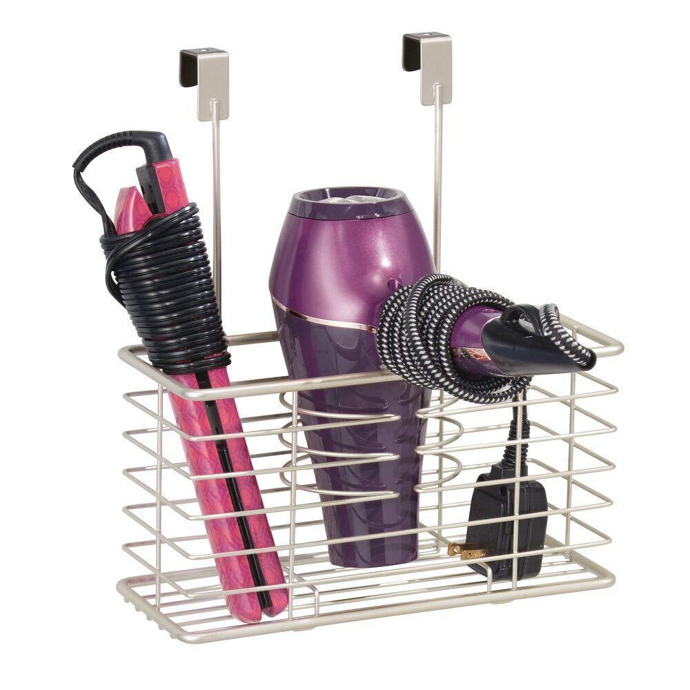Selection mdesign farmhouse metal bathroom over cabinet door hair care styling tool organizer storage basket for hair dryer flat iron curling wand hair straightener brushes holds hot tools satin