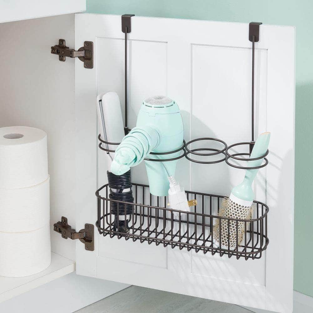 Related mdesign over door bathroom hair care styling tool organizer storage basket for hair dryer flat iron curling wand hair straighteners brushes hang inside or outside cabinet doors bronze