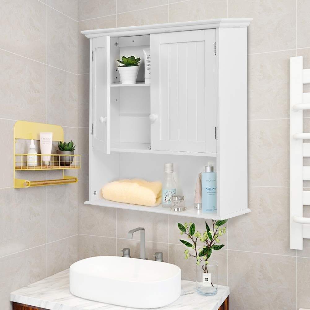 On amazon gentleshower bathroom wall cabinet wood medicine cabinet multipurpose home kitchen medicine storage organizer with 2 doors and 1 storage shelf white