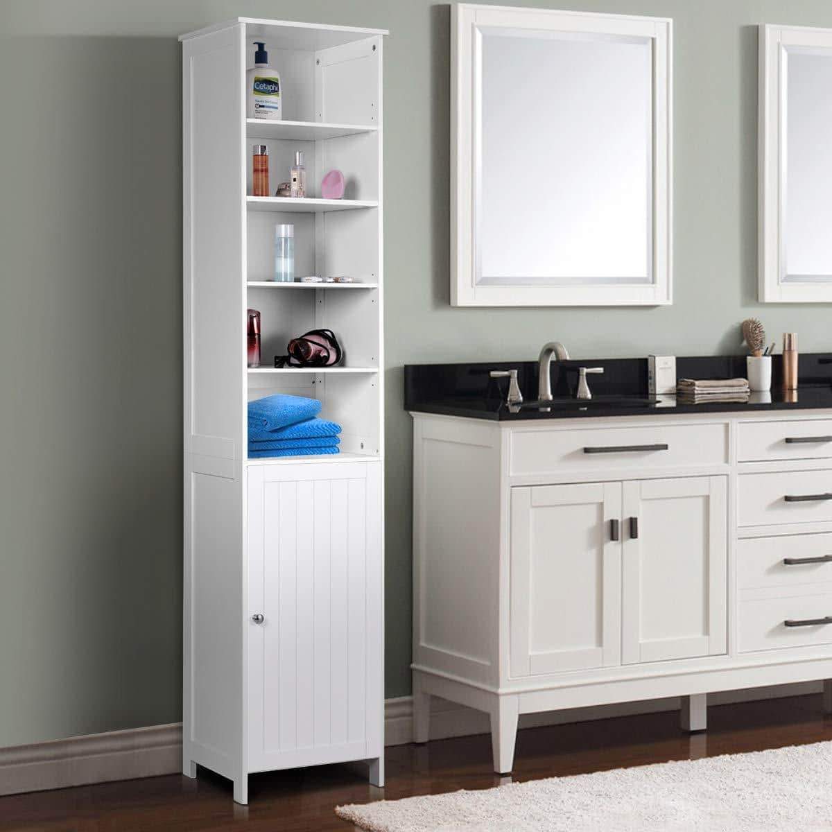 Latest 72 tall cabinet waterjoy standing tall storage cabinet wooden white bathroom cupboard with door and 5 adjustable shelves elegant and space saving