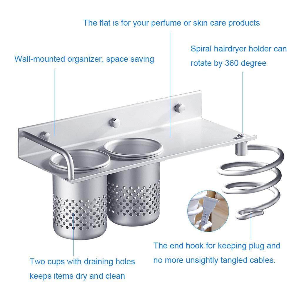 Buy now hair dryer holder wall mount toothbrush hairdryer holder organizer storage handing rack upgrade special aluminum bathroom hanging rack organizer with 2 cups