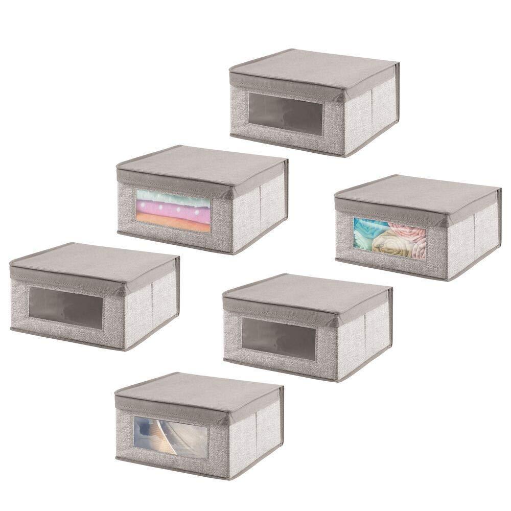 Shop for mdesign soft stackable fabric closet storage organizer holder bin with clear window attached hinged lid for bedroom hallway entryway bathroom textured print medium 6 pack linen tan