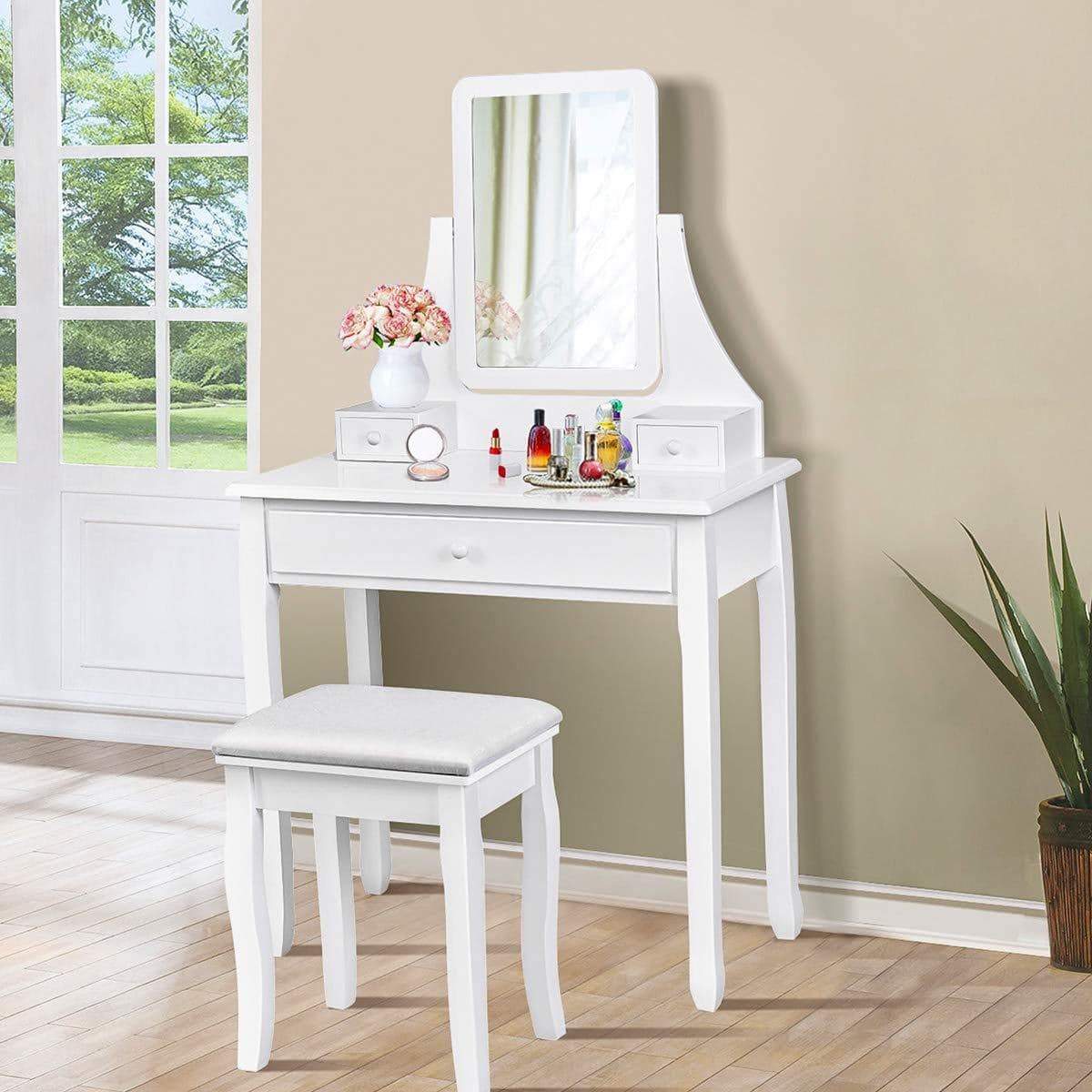 Explore giantex bathroom vanity dressing table set 360 rotate mirror pine wood legs padded stool dressing table girls make up vanity set w stool rectangle mirror 3 drawers white