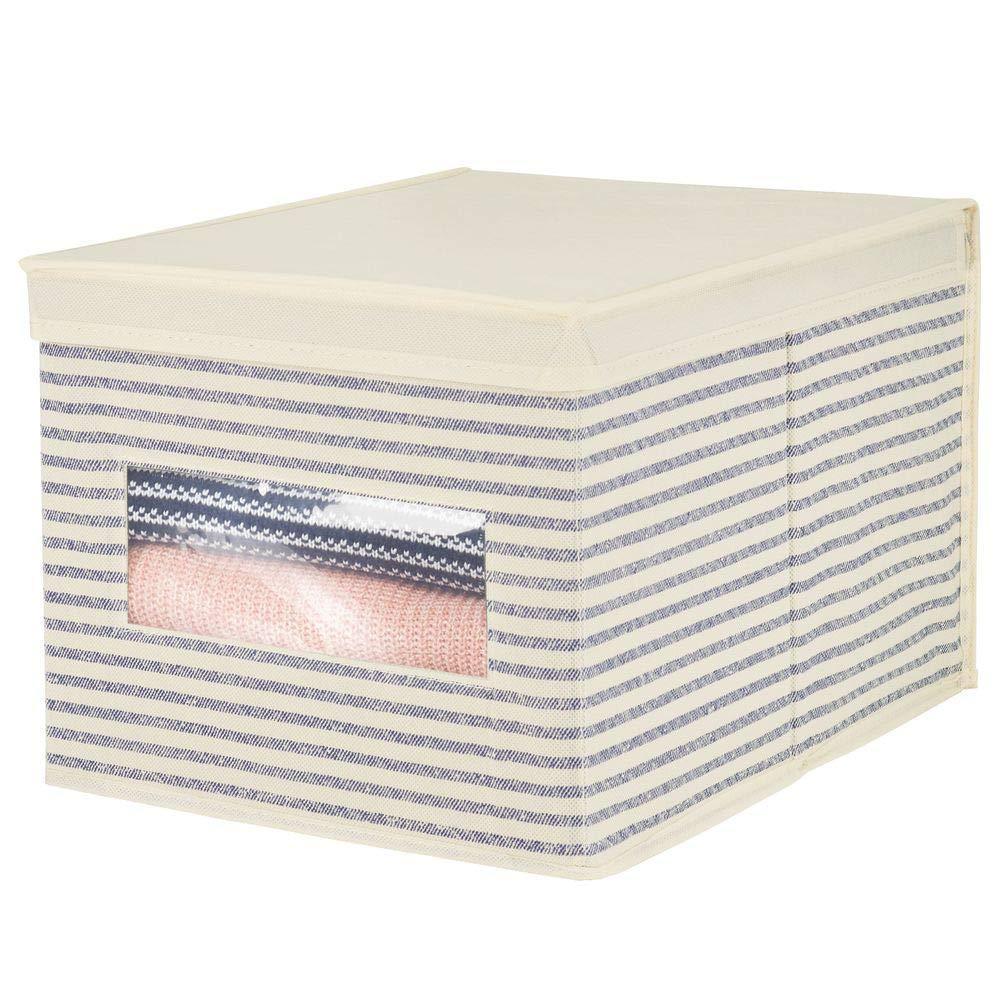 Get mdesign soft fabric stackable closet storage organizer holder box with clear window attached hinged lid bedroom hallway entryway closet bathroom stripe print large 8 pack natural cobalt blue