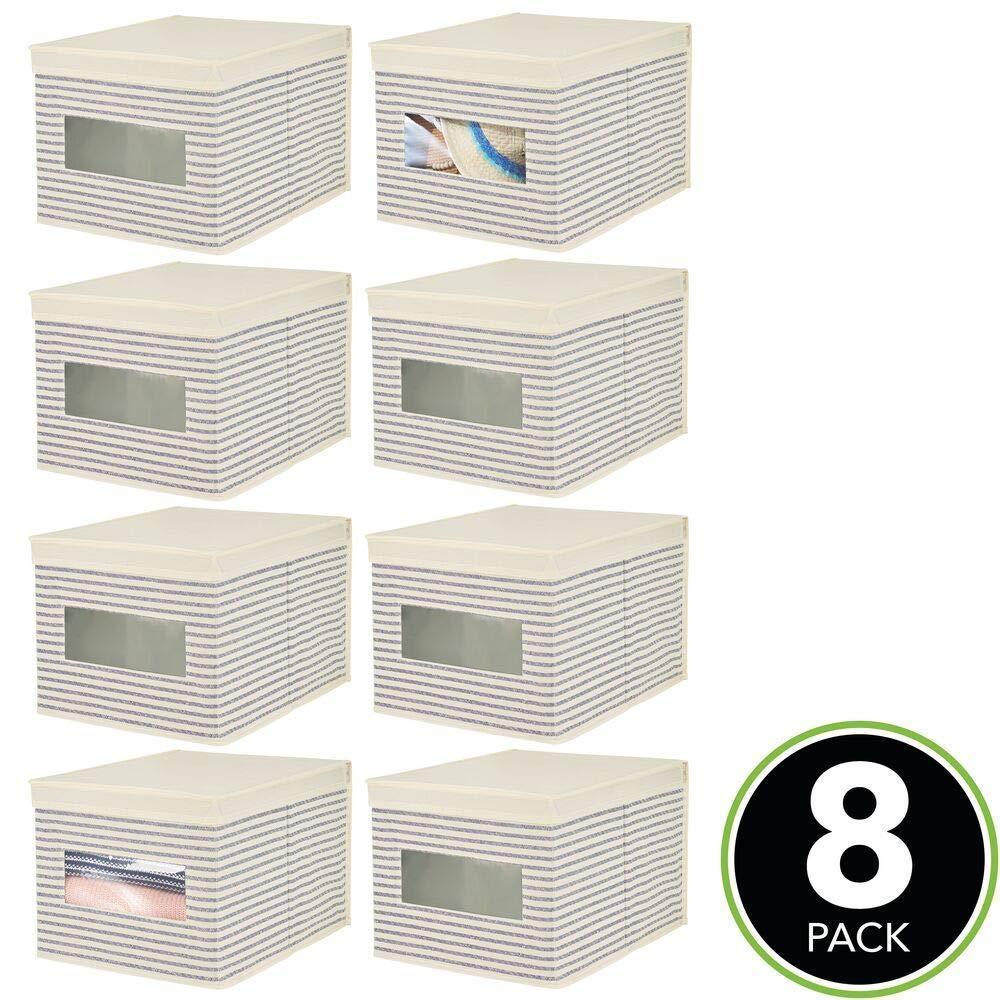 Latest mdesign soft fabric stackable closet storage organizer holder box with clear window attached hinged lid bedroom hallway entryway closet bathroom stripe print large 8 pack natural cobalt blue