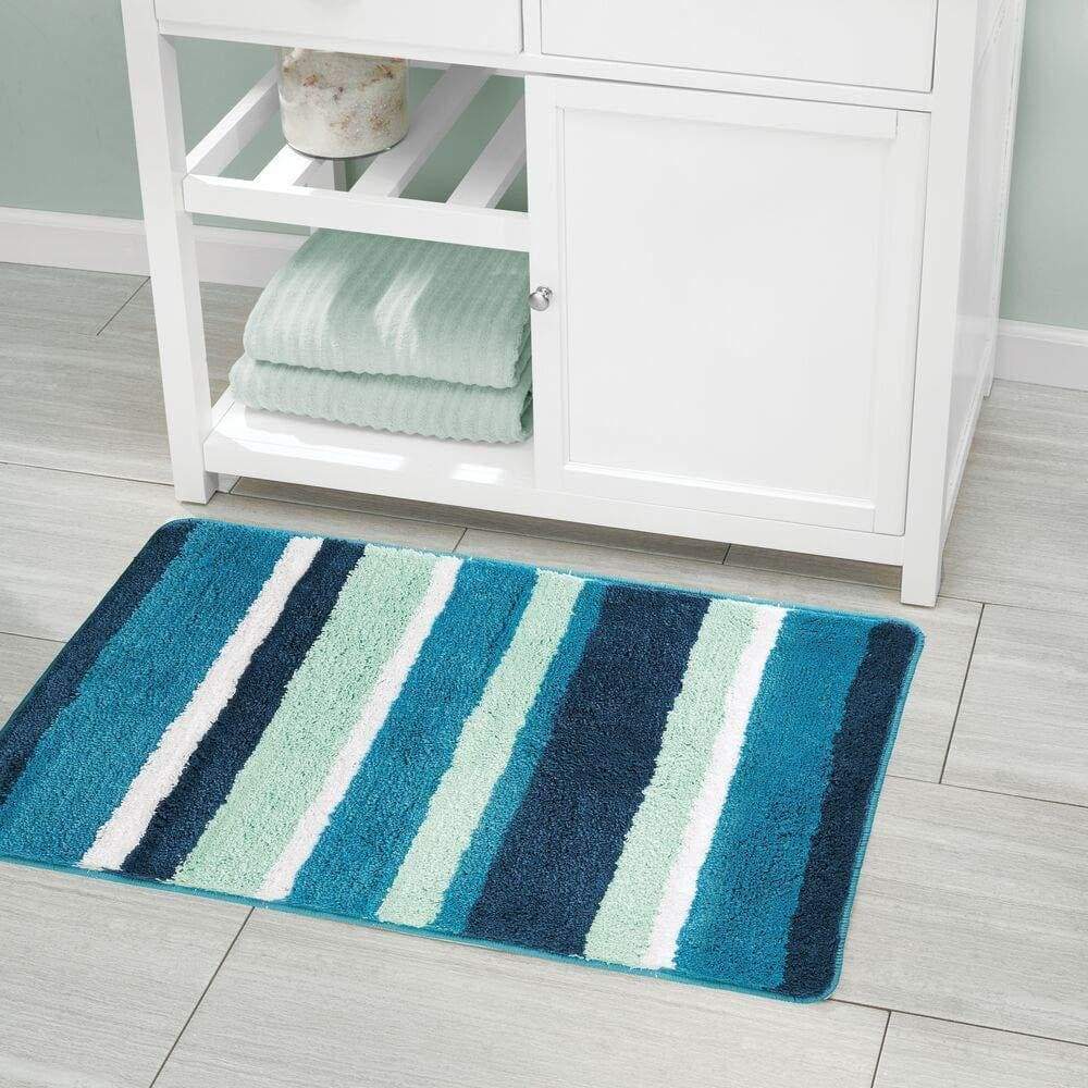 Best seller mdesign soft microfiber polyester spa rugs for bathroom vanity tub shower water absorbent machine washable plush non slip rectangular accent rug mat striped design set of 3 sizes teal blue
