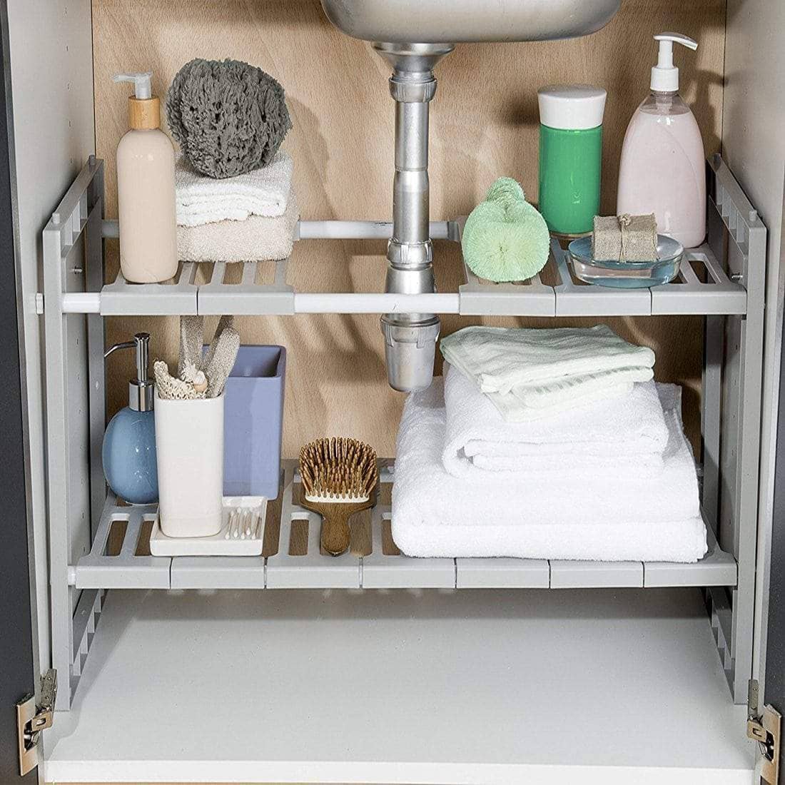 Buy now yomym under cabinet sink organizer 2 tier expandable shelf organizer rack for bathroom pantry or kitchen storage cabinets organization and storage adjustable shelves in heavy duty plastic and metal