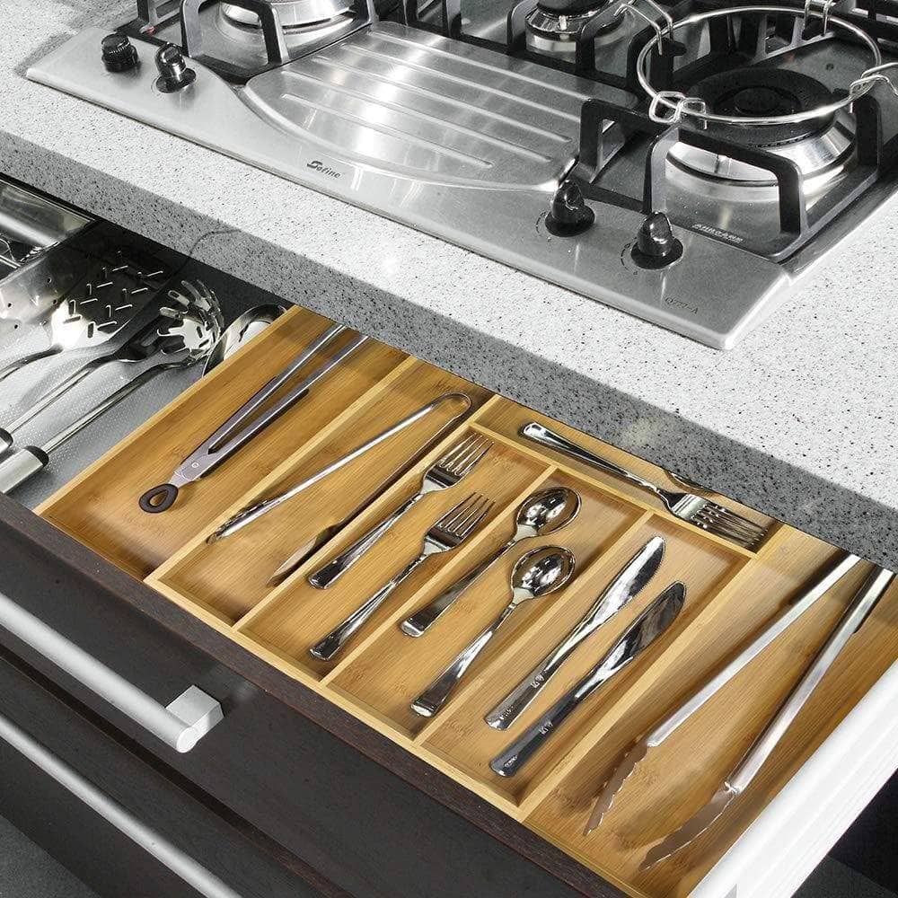 Results mebbay 5 set bamboo drawer dividers kitchen drawer organizer adjustable drawer divider organizer bamboo wood utensil drawer organizer for kitchen dresser bedroom bathroom with non slip pads