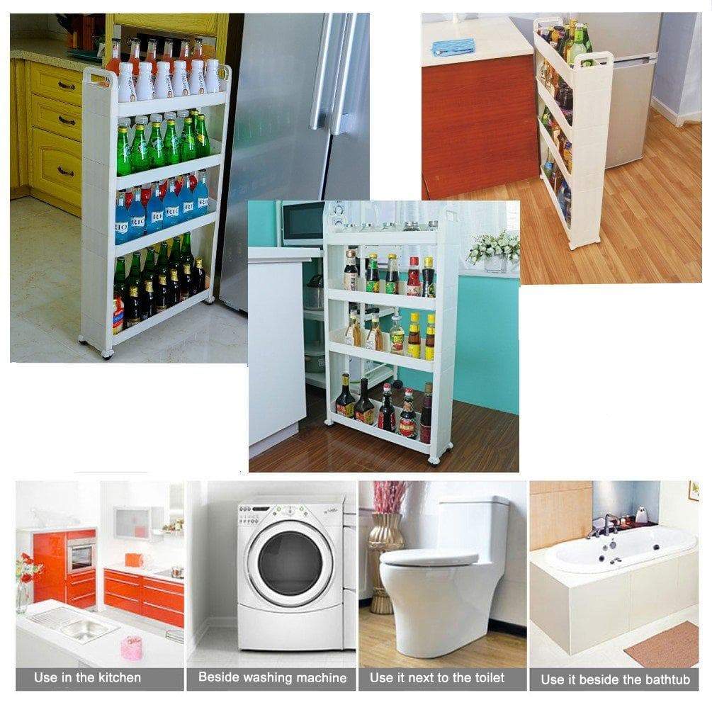 Related baoyouni slim slide out rolling storage cart tower narrow space organizer rack with wheels for laundry bathroom kitchen living room 4 tier