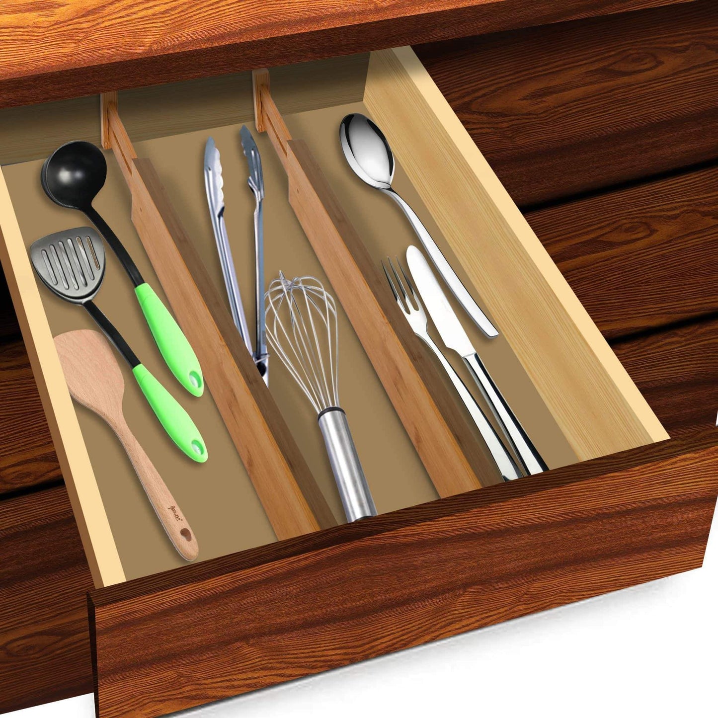 Latest luckyshe bamboo drawer dividers adjustable spring kitchen drawer dividers expandable eco friendly drawer organizers and dividers for kitchen dresser bathroom desk bedroom pack of 4