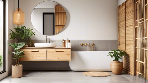 **DALL-E Prompt:**
A serene and modern bathroom with sustainable bamboo cabinets. The cabinets are sleek and minimalist, with a warm, natural wood tone. The walls are a soft white, and the floor is a