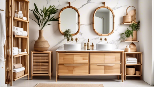 A serene and organized bathroom featuring multiple bamboo storage solutions, including shelves, drawers, and baskets. The bamboo elements create a warm and natural aesthetic, complementing the white w