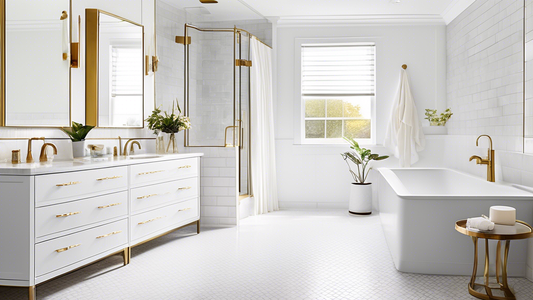 A modern bathroom with white shaker cabinets and brass hardware. The cabinets are floor-to-ceiling and have recessed panels. The countertop is white quartz and the backsplash is white subway tile. The