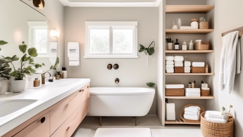 A neatly organized bathroom with floating shelves, drawers, and baskets for storage, creating a clutter-free and efficient space. The bathroom is painted in a light color, which helps to make the room