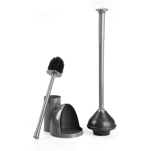 Discover mdesign modern slim compact freestanding plastic toilet bowl brush cleaner and plunger combo set kit with holder caddy for bathroom storage and organization covered lid brush 2 pack charcoal gray