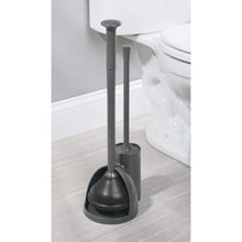 Load image into Gallery viewer, Exclusive mdesign modern slim compact freestanding plastic toilet bowl brush cleaner and plunger combo set kit with holder caddy for bathroom storage and organization covered lid brush 2 pack charcoal gray
