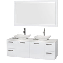 Load image into Gallery viewer, Save on wyndham collection amare 60 inch double bathroom vanity in glossy white white man made stone countertop arista white carrera marble sinks and 58 inch mirror