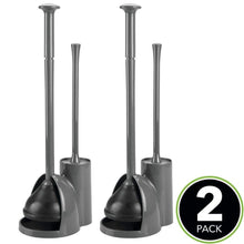 Load image into Gallery viewer, Explore mdesign modern slim compact freestanding plastic toilet bowl brush cleaner and plunger combo set kit with holder caddy for bathroom storage and organization covered lid brush 2 pack charcoal gray