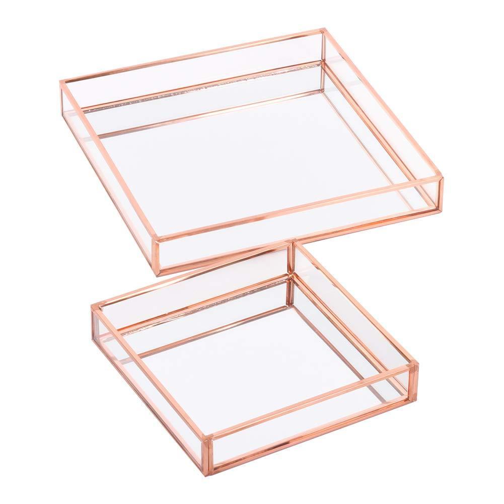 Best seller  koyal wholesale glass mirror square trays vanity set of 2 rose gold decorative mirrored trays for coffee table bar cart dresser bathroom perfume makeup wedding centerpieces