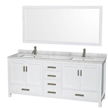 Load image into Gallery viewer, Results wyndham collection sheffield 80 inch double bathroom vanity in white white carrera marble countertop undermount square sinks and 70 inch mirror
