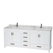Load image into Gallery viewer, Organize with wyndham collection sheffield 80 inch double bathroom vanity in white white carrera marble countertop undermount square sinks and no mirror