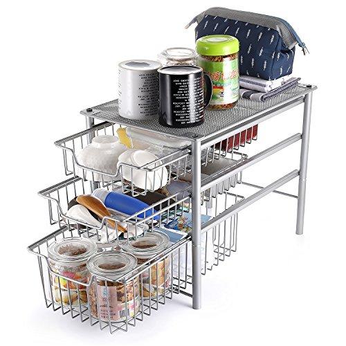 3S Stackable 3 Tier Sliding Cabinet Storage Basket Organizer Drawer, Under Bathroom Kitchen Sink Organizer, Silver