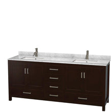 Load image into Gallery viewer, Home wyndham collection sheffield 80 inch double bathroom vanity in espresso white carrera marble countertop undermount square sinks and no mirror