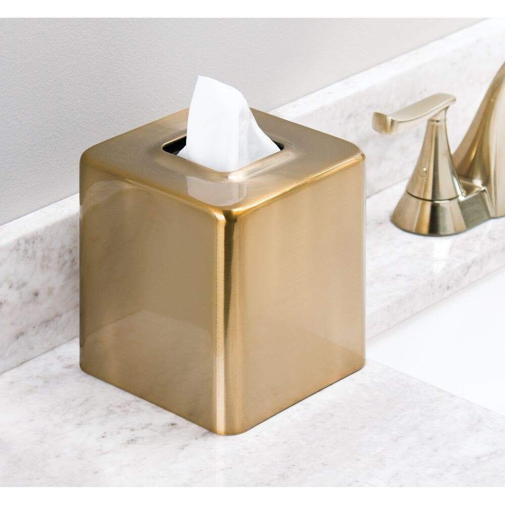 Discover mdesign modern square metal paper facial tissue box cover holder for bathroom vanity countertops bedroom dressers night stands desks and tables 2 pack soft brass