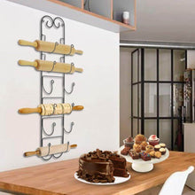 Load image into Gallery viewer, Home rolling pin wall mount adds an elegant appeal to any room with this durable iron material with a black finish wall mount in the kitchen to store wine bottles hang in the bathroom for towel storage
