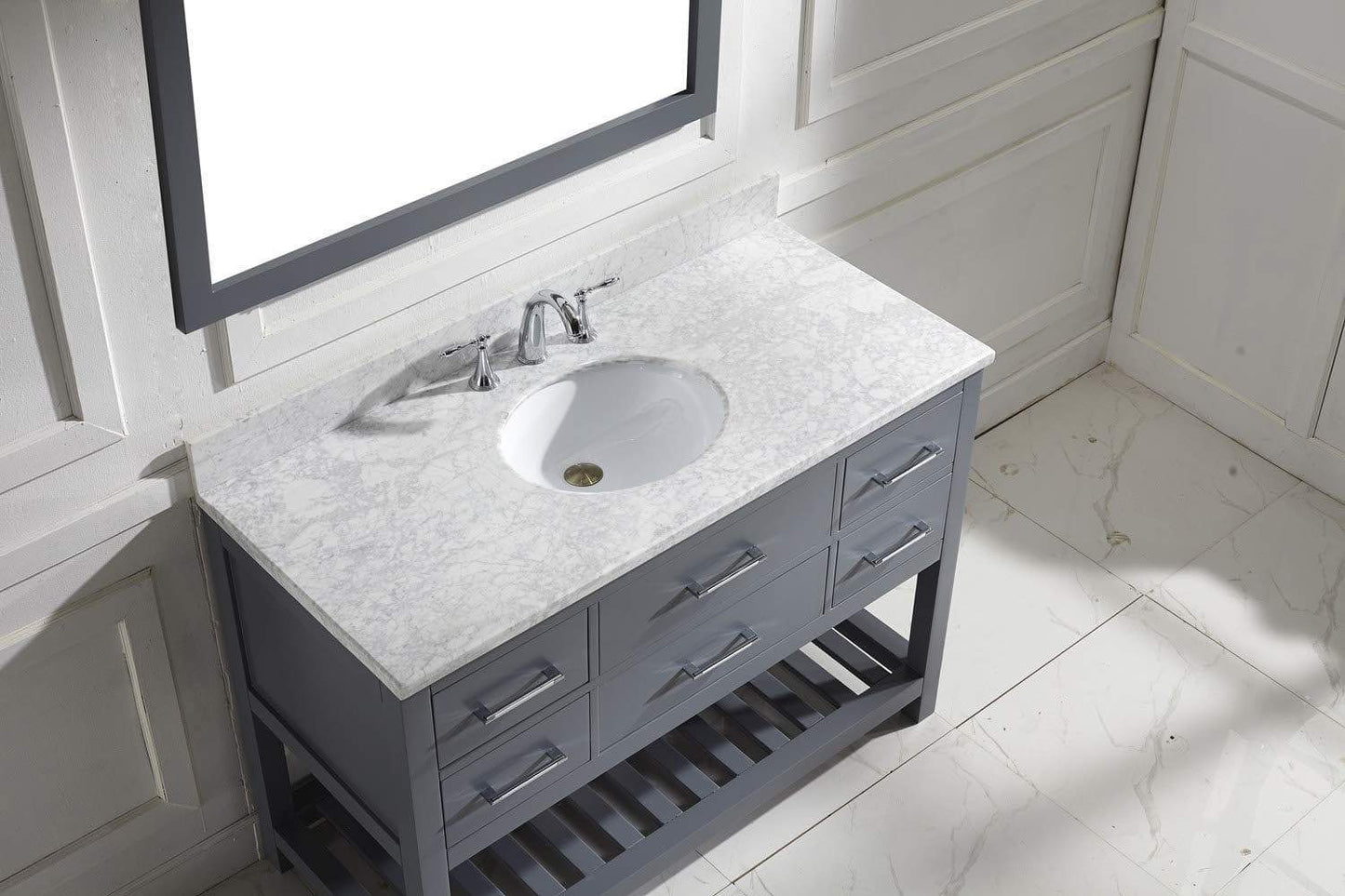 Shop here virtu usa caroline estate 48 inch single sink bathroom vanity set in grey w round undermount sink italian carrara white marble countertop no faucet 1 mirror ms 2248 wmro gr