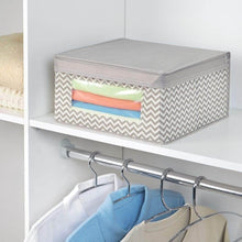 Load image into Gallery viewer, Shop mdesign soft stackable fabric closet storage organizer holder bin with clear window attached hinged lid for bedroom hallway entryway bathroom chevron print medium 4 pack taupe natural