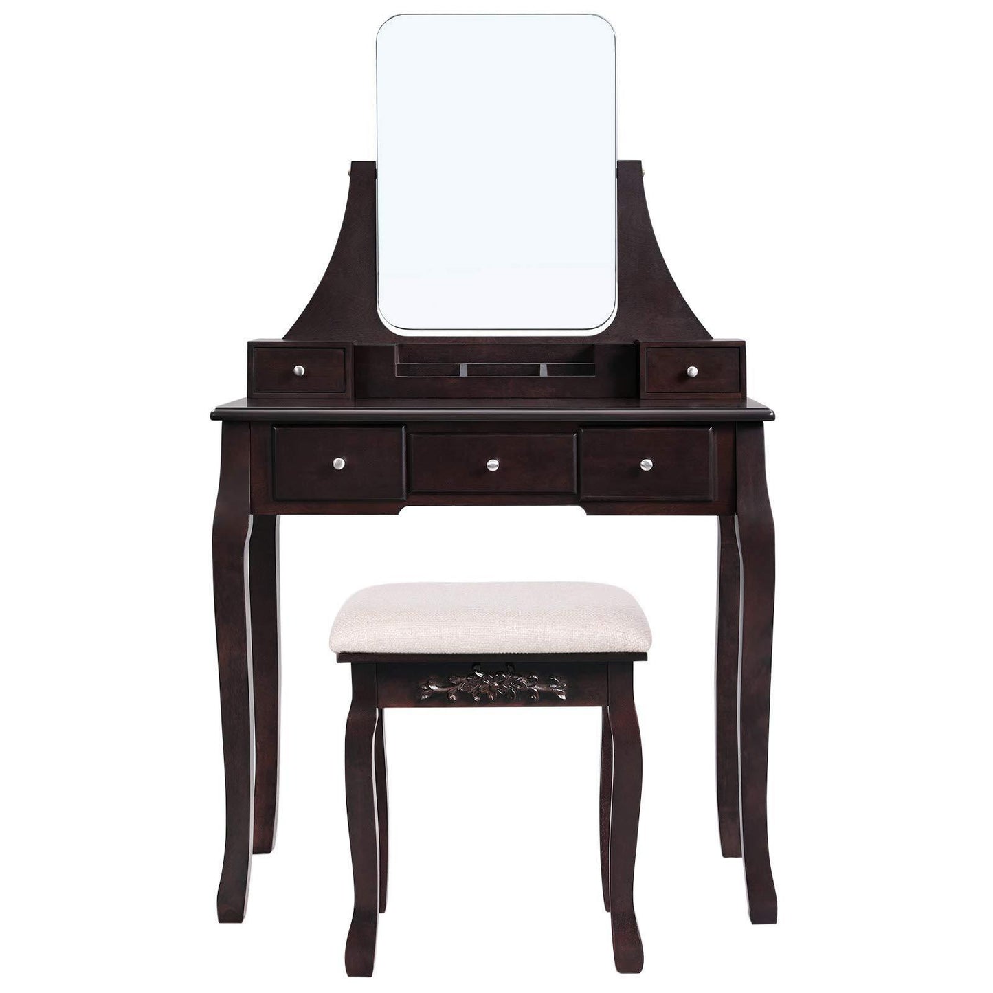 Shop for vasagle vanity table set with large frameless mirror makeup dressing table set for bedroom bathroom 5 drawers and 1 removable storage box cushioned stool walnut urdt25wn