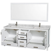 Load image into Gallery viewer, Shop for wyndham collection sheffield 80 inch double bathroom vanity in white white carrera marble countertop undermount square sinks and 70 inch mirror