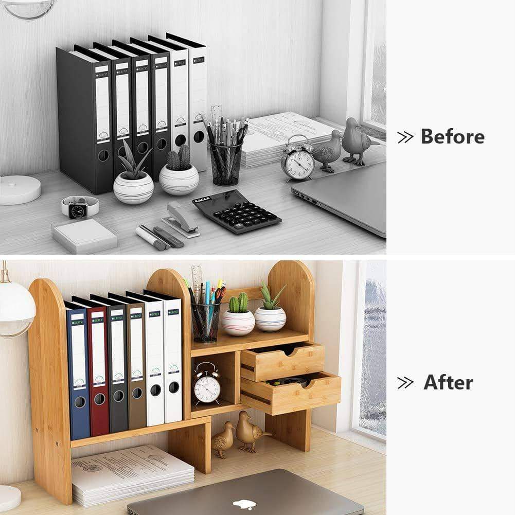 Kitchen tribesigns bamboo desktop bookshelf counter top bookcase adjustable with 2 drawers desk storage organizer display shelf rack for office supplies kitchen bathroom makeup natural