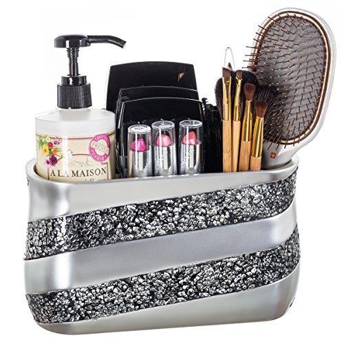 Silver Mosaic Bathroom Counter Vanity Organizer, Countertop Cosmetic Makeup Holder Hair Brush Caddy Hair Accessories Storage, 3-Compartments Decorative Bath Organization (Silver Gray)