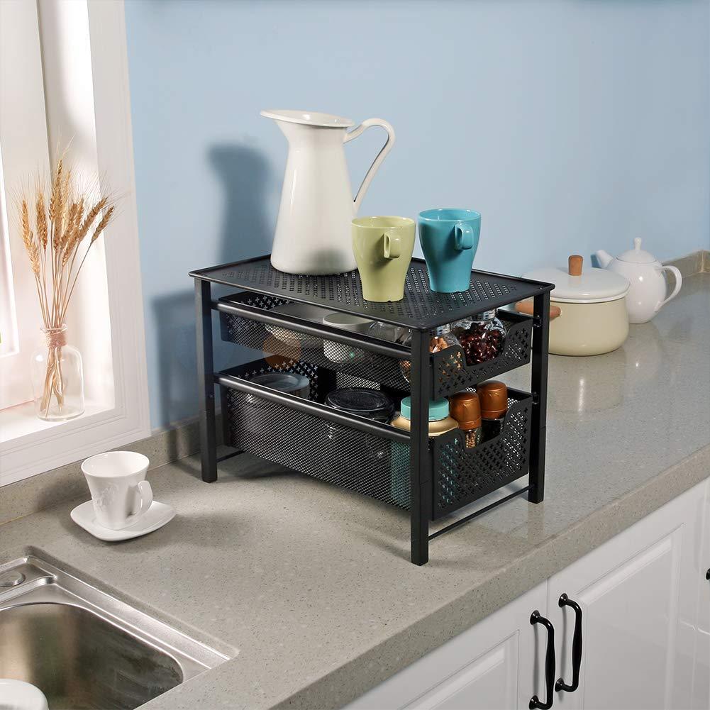 Save stackable 2 tier organizer baskets with mesh sliding drawers ideal cabinet countertop pantry under the sink and desktop organizer for bathroom kitchen office