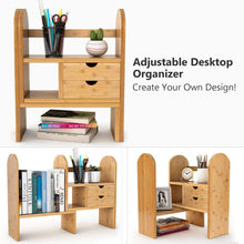 Load image into Gallery viewer, Home tribesigns bamboo desktop bookshelf counter top bookcase adjustable with 2 drawers desk storage organizer display shelf rack for office supplies kitchen bathroom makeup natural