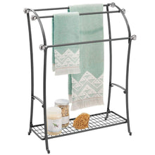 Load image into Gallery viewer, Budget mdesign large freestanding towel rack holder with storage shelf 3 tier metal organizer for bath hand towels washcloths bathroom accessories black brushed steel